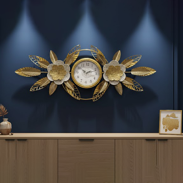 Luxury Golden Floral Metal Wall Clock 95X50 cm-MM135