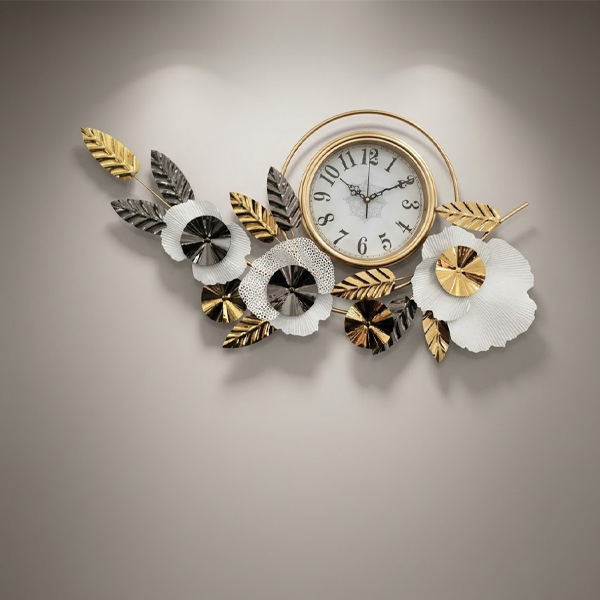 Luxury Gold Floral Silent Wall Clock - Metal & Stainless Steel (108x56 cm)-318