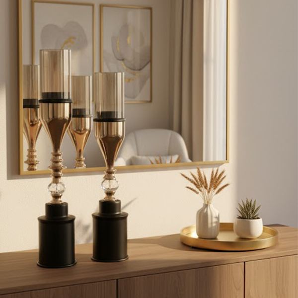 Luxury Black and Gold Crystal Candlestick Pair-Hk 021