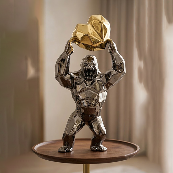 Geometric Chrome Gorilla Statue with Turquoise Heart-GH105