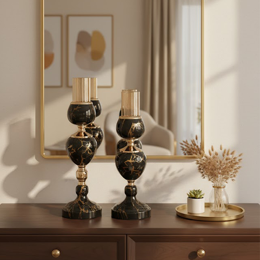 Luxury Black and Gold Marble Look Candlestick Pair-389