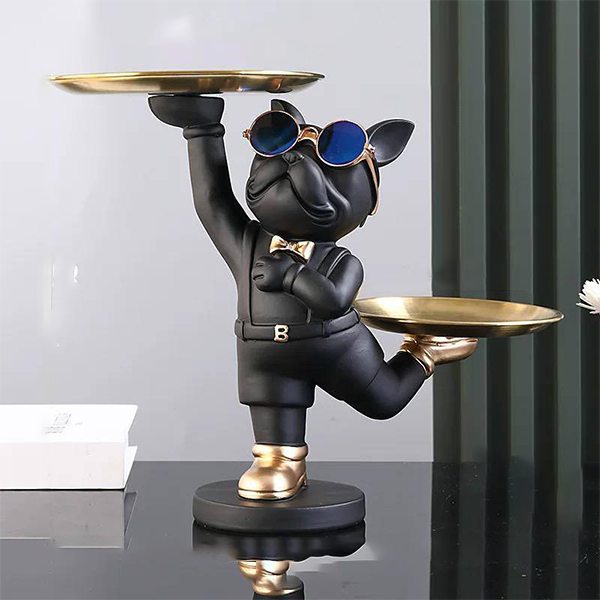 French Bulldog Butler Statue with Serving Trays-MM152