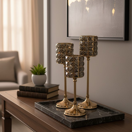 Amber Crystal Gold Candle Holder Set-sn49