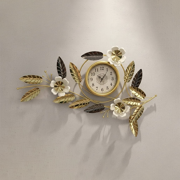 Luxury Metal Wall Clock with Gold Flowers and Leaves (110x69 cm)-301