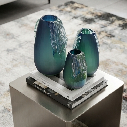Cascade Teal Glass Vase Set-MM226
