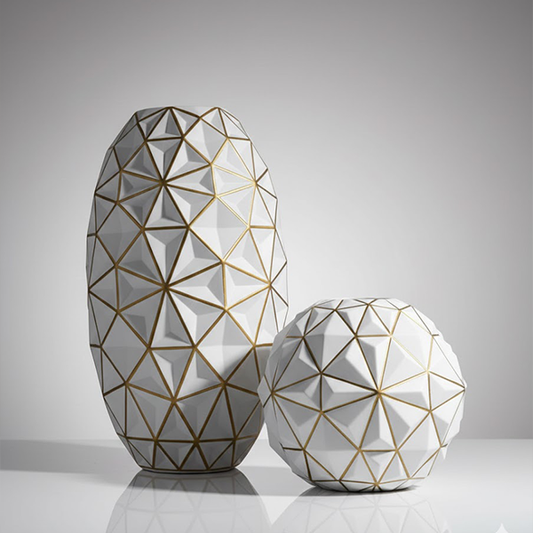 Geometric Faceted White and Gold Vase Set-MM151