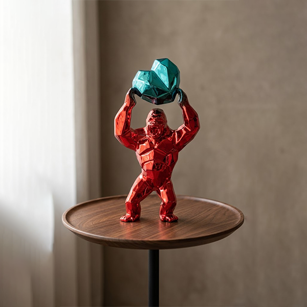 Geometric Chrome Gorilla Statue with Turquoise Heart-GH105