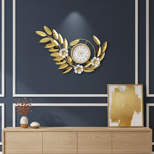 Golden Leaf Wreath Wall Clock 105X60 cm-MM140