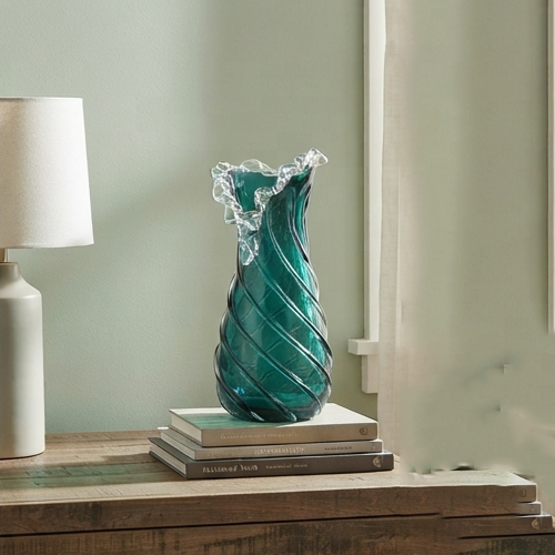 Teal Spiral Glass Vase with Ruffled Rim-JD49