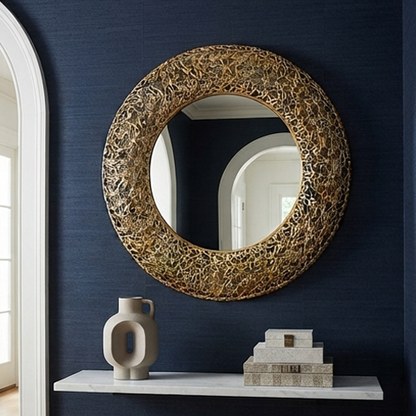 Golden Woven Pattern Round Wall Mirror (70 cm)-JD48
