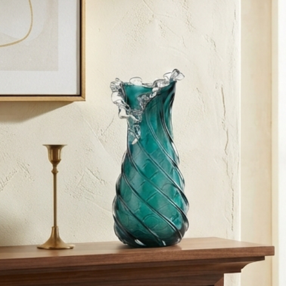 Teal Spiral Glass Vase with Ruffled Rim-JD49