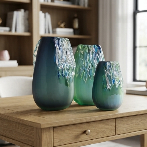 Cascade Teal Glass Vase Set-MM226