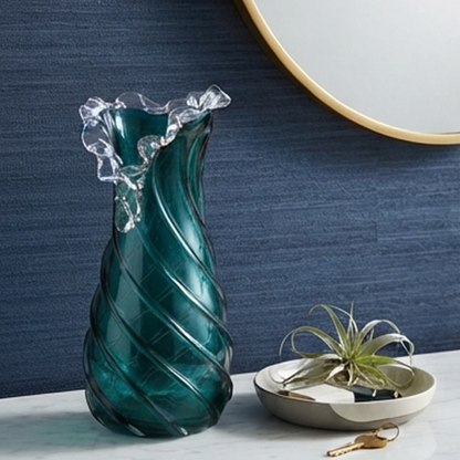 Teal Spiral Glass Vase with Ruffled Rim-JD49