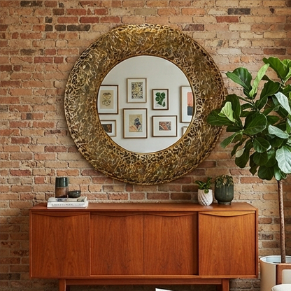 Golden Woven Pattern Round Wall Mirror (70 cm)-JD48