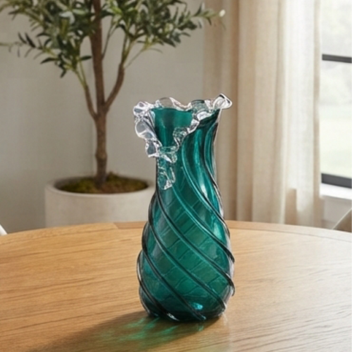 Teal Spiral Glass Vase with Ruffled Rim-JD49